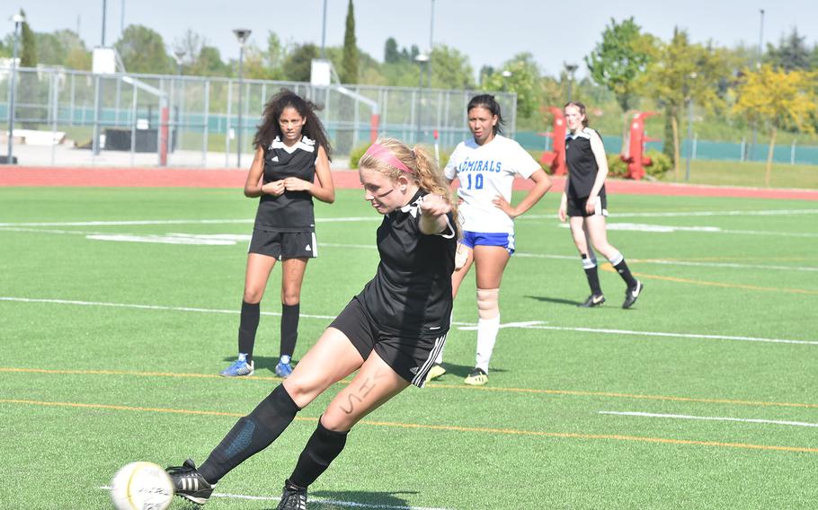 Vicenza's Avonlea Sparling takes a penalty kick in the first half of the Cougars' 7-0 victory over the Rota Admirals on Friday, April 29, 2022.