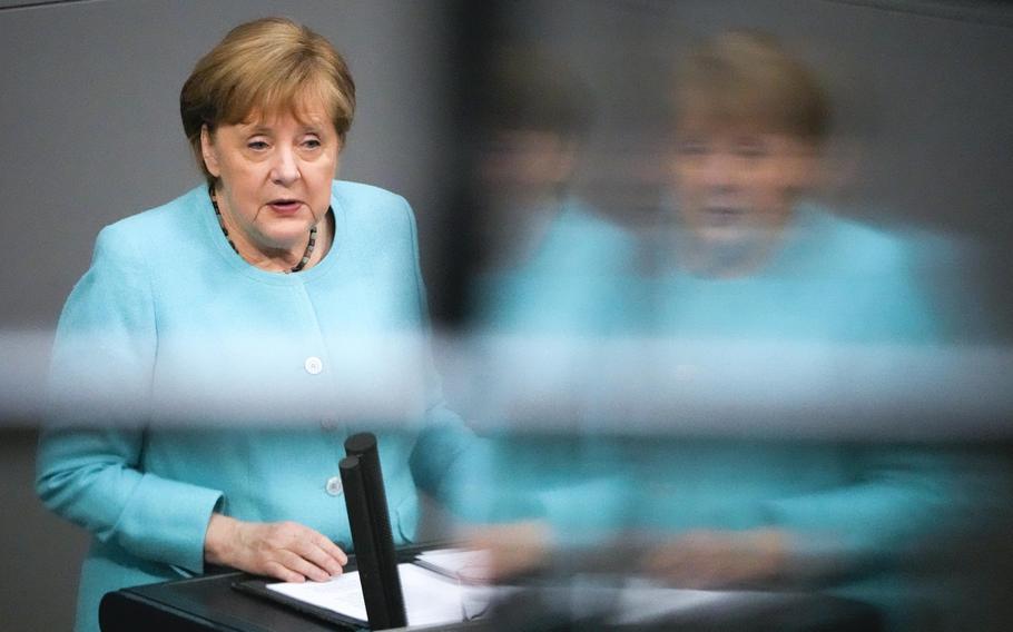 German Chancellor Angela Merkel delivers her specs ahed of a EU summit at the German parliament Bundestag in Berlin, Germany, Thursday, June 24, 2021. 