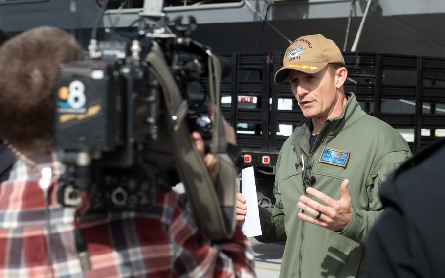 Capt. Brett Crozier speaks to reporters outside the USS Theodore Roosevelt at Naval Air Station North Island, San Diego, Jan. 17, 2020. 