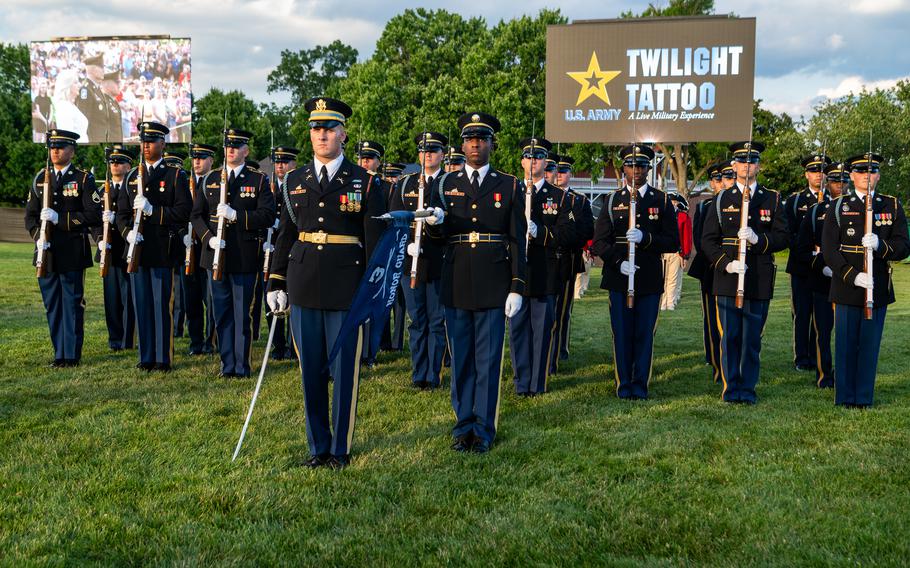 Soldiers assigned to the Commander-in-Chief’s Guard, 3rd U.S. Infantry Regiment (The Old Guard), participate in Twilight Tattoo in celebration of the 249th Birthday of the U.S. Army at Summerall Field, Joint Base Myer-Henderson Hall, Va., June 12, 2024. 