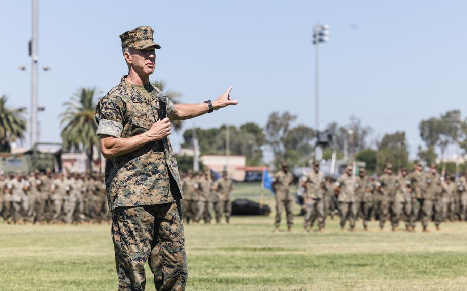 Marine Corps Gen. Eric Smith gives remarks at a ceremony on Camp Pendleton, Calif., Aug. 18, 2023. In an administrative message Aug. 29, 2023, Smith, the acting Marine Corps commandant, called for a servicewide safety review to be done by Sept. 15, following an Osprey crash this week that killed three Marines and left eight hospitalized.