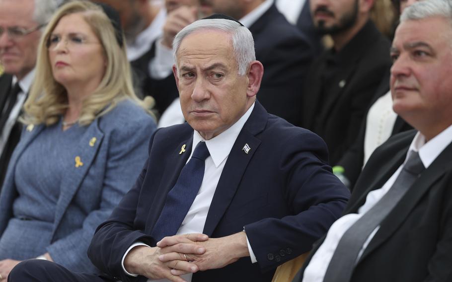 Israeli Prime Minister Benjamin Netanyahu attends the annual ceremony at the eve of Israel’s Remembrance Day for fallen soldiers (Yom HaZikaron) at the Yad LaBanim Memorial in Jerusalem, on Tuesday, April 29, 2025.