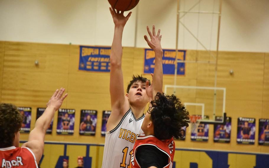 Vicenza’s Ben Harlow puts up a runner Wednesday, Feb. 14, 2024, at the DODEA European Division II Basketball Championships in Wiesbaden, Germany.