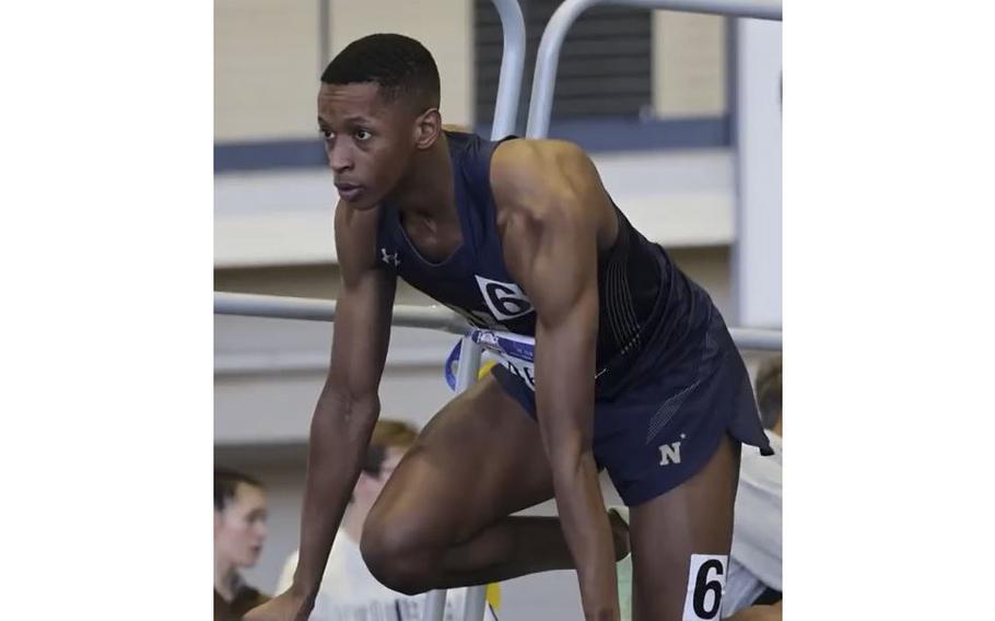 A video screen grab shows Navy sophomore Jacques Guillaume participating in the Patriot League indoor championship tournament held at the U.S. Naval Academy in late February in Annapolis, Md.