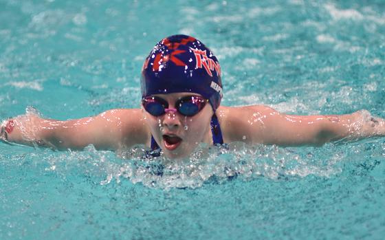 EmmaHeaphy of Kaiserslautern swims in the 8-and-under girls 50-meter butterfly on Saturday duing the European Forces Swim League Short Distance Championships at the Pieter van den Hoogenband Zwemstadion at the Zwemcentrum de Tongelreep.
