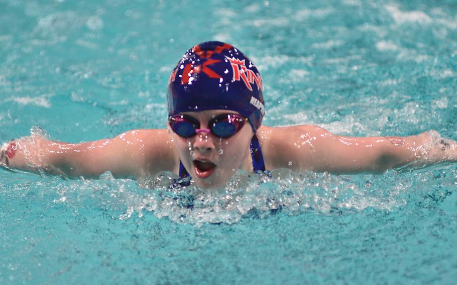 Emma Heaphy of Kaiserslautern swims in the 8-and-under girls 50-meter butterfly on Saturday during the European Forces Swim League Short Distance Championships at the Pieter van den Hoogenband Zwemstadion at the Zwemcentrum de Tongelreep.