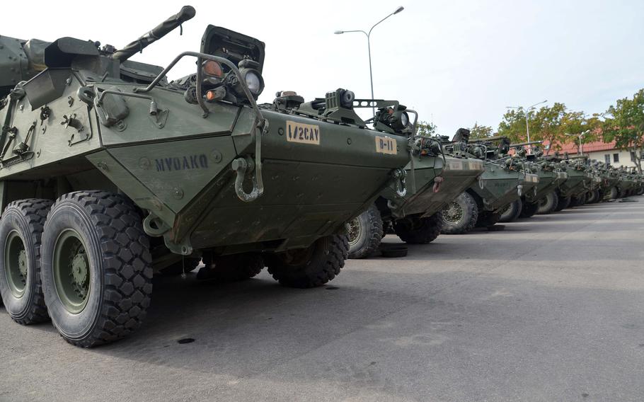 Strykers of 1st Squadron, 2nd Cavalry Regiment stand on the parade field at the Polish military base at Bemowo Piskie, Tuesday, Sept. 11, 2018, as they are prepared for the trip back to Vilseck, Germany. The unit was deployed as part of NATO's Battle Group Poland.