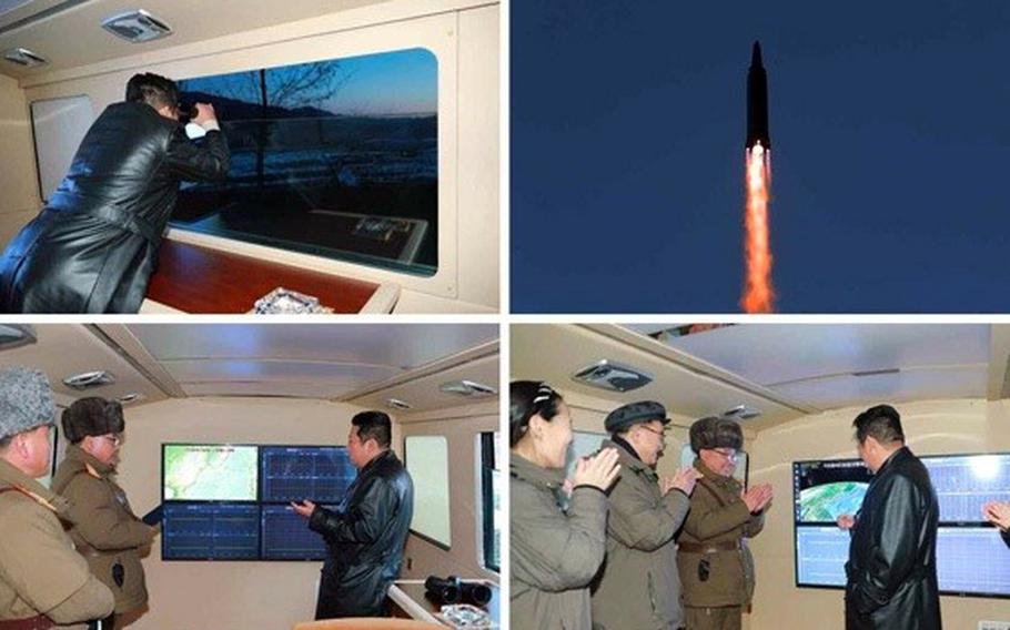 North Korean leader Kim Jong Un and other officials attend a missile launch in these images released Wednesday, Jan. 12, 2022, by the state-run Korean Central News Agency.