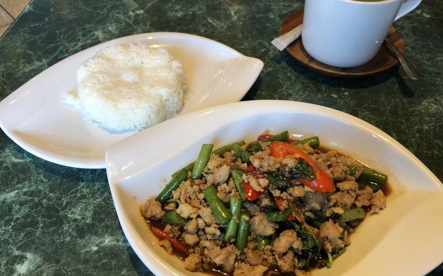 The pad kapao stir-fry with holy basil at 9Chan, a Thai restaurant in Landstuhl, Germany, has a spicy kick. It can be ordered with vegetables only, or a choice of meat or seafood.