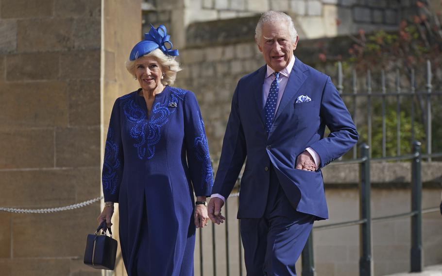 Britain’s King Charles III and Camilla, the Queen Consort attend the Easter Mattins Service at St George’s Chapel at Windsor Castle in Windsor, England, Sunday April 9, 2023. King Charles III will be taking a short cut and a smoother ride to Westminster Abbey on May 6, 2023, trimming the procession route his mother took in 1953 as he aims for a more modest coronation that will include some modern touches. 