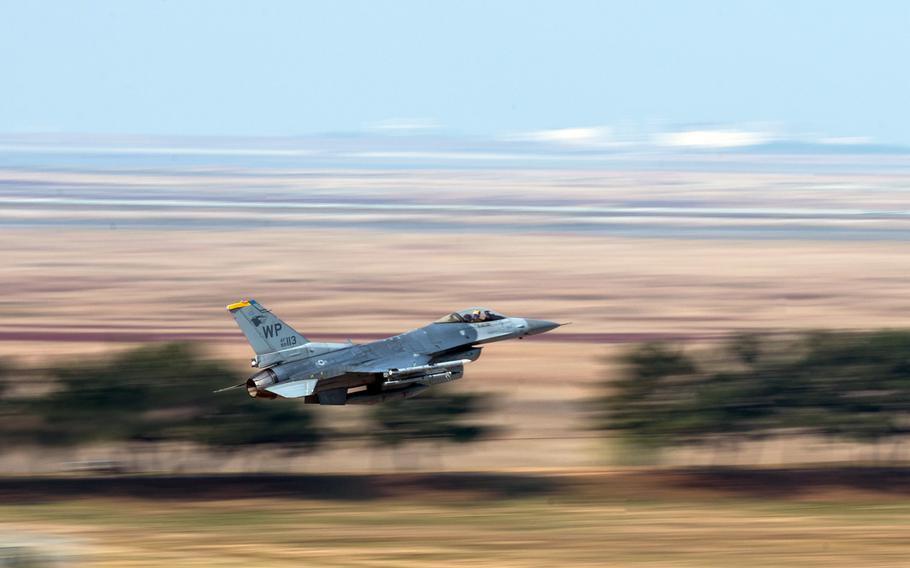 An F-16 Fighting Falcon takes off at Kunsan Air Base, South Korea, Nov. 15, 2023.