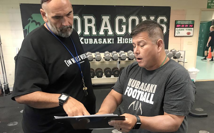 Kubasaki head coach Tony Alvarado, right, goes over the practice schedule with assistant coach David Wray.