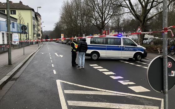Police block off Burgstrasse in downtown Kaiserslautern following the discovery of an approximately 550-pound World War II bomb during excavation work, Feb. 17, 2023.