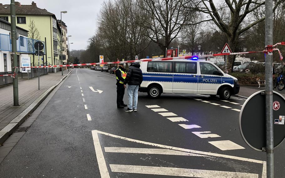 Police block off Burgstrasse in downtown Kaiserslautern, Germany, following the discovery of an approximately 550-pound World War II bomb during excavation work, Feb. 17, 2023.