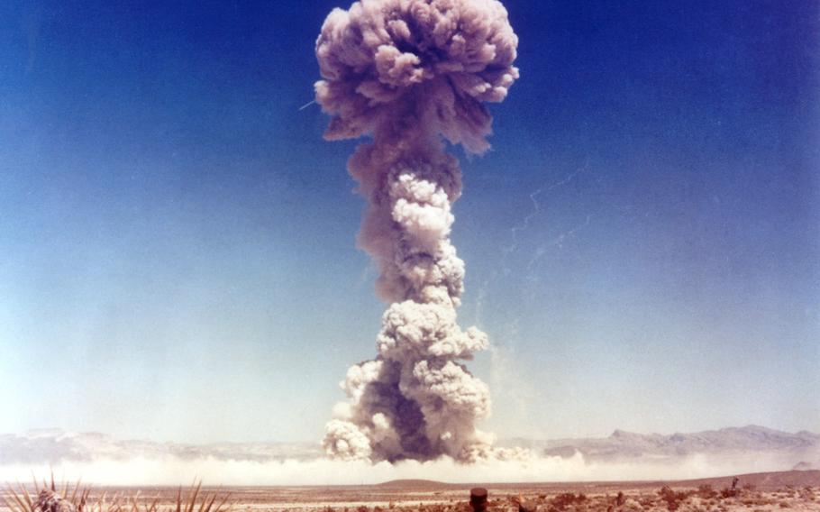 A test detonation of a Mark-7 Thor tactical fission bomb during Operation Buster-Jangle in 1951. Russian President Vladimir Putin said in a recent speech that he would use "all available means" to hold on to Ukrainian territories, mentioning the U.S. nuclear attacks on Japan during World War II as a precedent.  