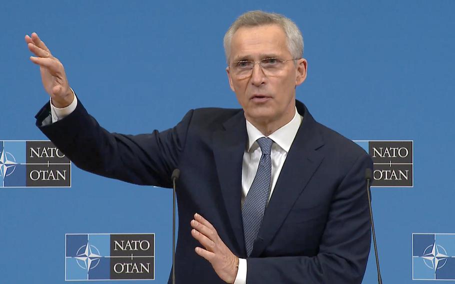 NATO Secretary-General Jens Stoltenberg answers questions in Brussels on Feb. 13, 2023, ahead of a meeting of NATO defense ministers this week at the alliance's headquarters.
