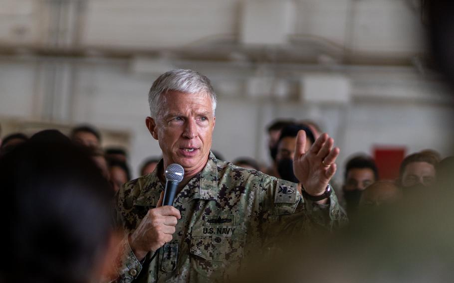 U.S. Navy Adm. Craig Faller, commander of U.S. Southern Command, speaks with service members at Leeward Point Field, Guantánamo Bay, Cuba, Aug. 28, 2021. Faller will relinquish his command of SOUTHCOM on Friday, Oct. 29, 2021, just short of three years at its helm, and retire after nearly four decades in various Navy command and operational assignments.