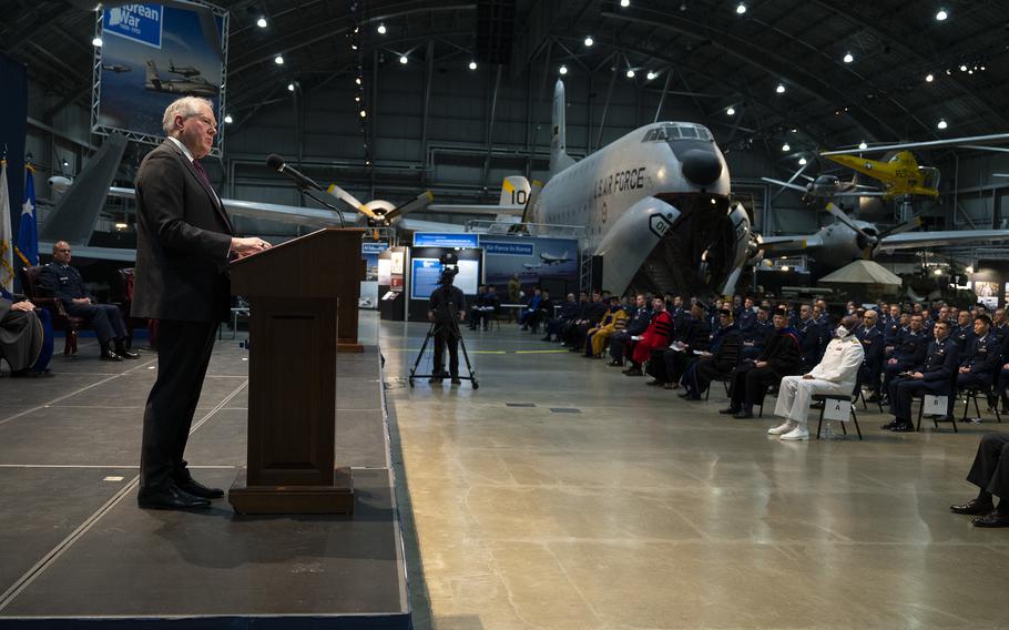 Air Force Secretary Frank Kendall speaks during the Air Force Institute of Technology graduation ceremony at Wright-Patterson Air Force Base in Ohio, on March 24, 2022. The service again will consider advanced academic degrees when reviewing captains and majors for promotion to the next grade.