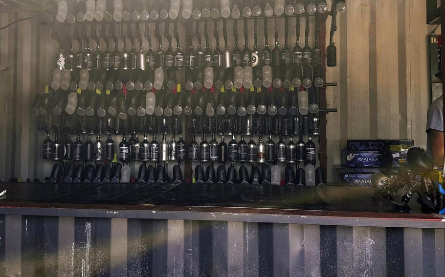 The armory at the Paintball Arena with various  paintball guns.