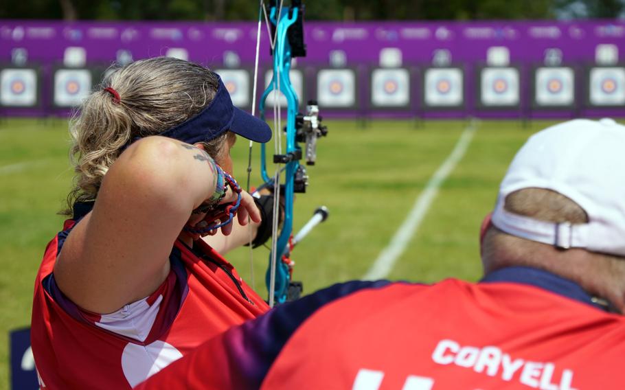 Army veteran Lia Coryell competes in the Paralympics’ W1 para-archery category at Yumenoshima Park in Tokyo, Friday, Aug. 27, 2021.