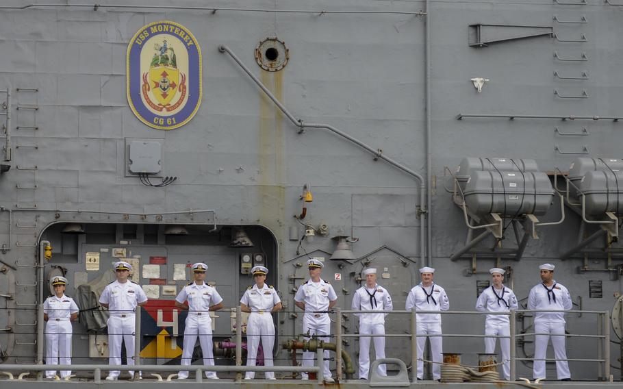 Sailors man the rails as the Ticonderoga-class guided-missile cruiser USS Monterey (CG 61) returns to homeport at Naval Station Norfolk on Sept. 17., 2921, following a nine-month deployment to the U.S. 5th and U.S. 6th Fleet areas of operation. 