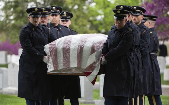 Soldiers from the 3d U.S. Infantry Regiment (The Old Guard) and the U.S. Army Band, “Pershing’s Own”, conduct military funeral honors with funeral escort for U.S. Army Air Forces Sgt. Irving Newman in Section 4 of Arlington National Cemetery, Arlington, Va., Apr. 11, 2024. 



From a news release from Defense POW/MIA Accounting Agency (DPAA):



In May 1943, Newman was assigned to the 343d Bombardment Squadron (Heavy), 98th Bombardment Group (Heavy), 9th Air Force, in the European Theater. On May 6, Newman along with the other nine crew members of a B-24D Liberator were participating in a bombing mission of Reggio di Calabria harbor, in Sicily. While heading to the target, their plane began experiencing engine trouble forcing the pilots to make a course correction away from the main bomber group, directly into enemy anti-aircraft fire. During an emergency landing the plane caught fire and crashed into the water near Benghajsa Point, Malta, injuring at least five crew members. Nine airmen survived the incident, but Newman was not able to be rescued and his remains were not recovered following the war.



Following the war, the American Graves Registration Command (AGRC), Army Quartermaster Corps, was the organization tasked with recovering missing American personnel in the European Theater. In 1949, a board of officers reviewed the AGRS field investigations for 82 personnel missing from the Mediterranean area, including Newman. The board recommended the individuals be designated non-recoverable. The Identification Branch of the Office of the Quartermaster General approved the recommendation on September 6, 1949.



In recent years, the University of Malta and a private company located the wreckage of a B-24D near Benghajsa Point, Malta, at a depth of 180 feet. Beginning in 2018, a partner organization supported by DPAA archaeology recovered material evidence, life support equipment, and suspected human remains from this crash site.



To identify Newman’s rem