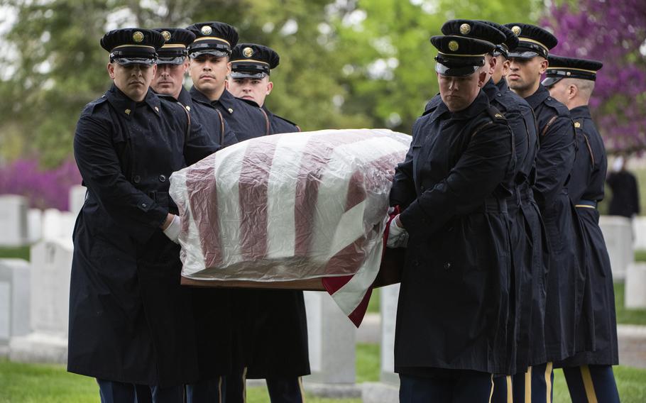 Soldiers from the 3d U.S. Infantry Regiment (The Old Guard) and the U.S. Army Band, “Pershing’s Own,” conduct military funeral honors with funeral escort for U.S. Army Air Forces Sgt. Irving Newman in Section 4 of Arlington National Cemetery, Arlington, Va., April 11, 2024. 