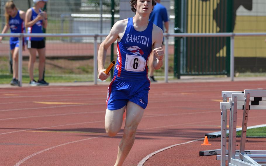 Max Furqueron anchors Ramstein’s winning team in the 3,200-meter relay at the DODEA-Europe track and field championships in Kaiserslautern, Germany. Furqueron and teammates Jacob Hutton, Evan Brooks, and Gideon Zaugg won in 8 minutes, 17.94 seconds. 