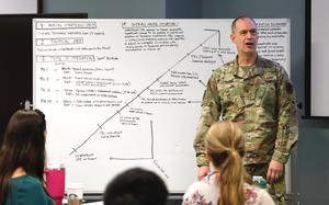 Army Brig. Gen. Patrick Teague, U.S. defense attaché to China, speaks during U.S. Army Pacific’s first class in the China Way of War at Schofield Barracks, Hawaii, on Feb. 9, 2024.