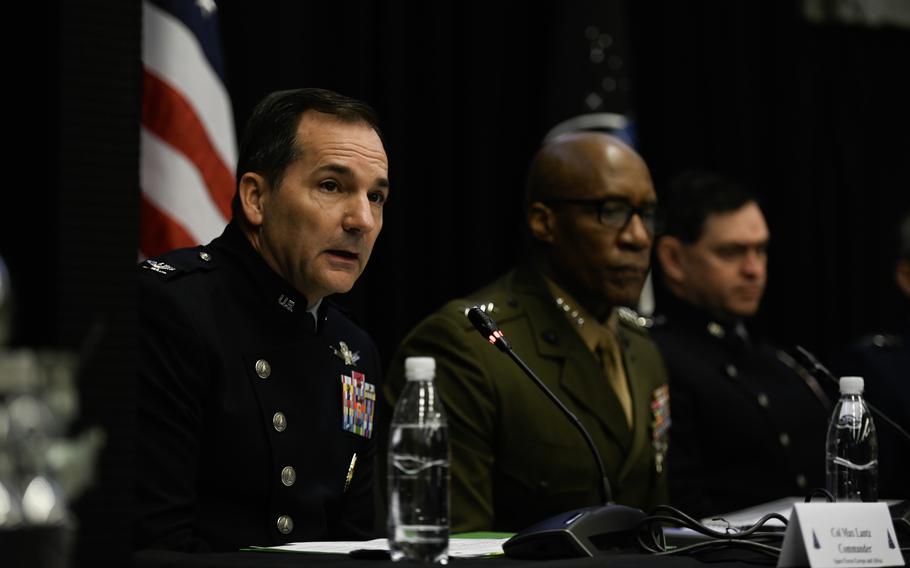 U.S. Space Force Col. Max Lantz, left, speaks to reporters during the U.S. Space Forces Europe and Africa activation ceremony alongside Gen. Michael Langley, U.S. Africa Command, and Gen. Chance Saltzman, chief of space operations, at Ramstein Air Base, Germany, Dec. 8, 2023. Lantz is the first commander of the newly established space component command in Europe.