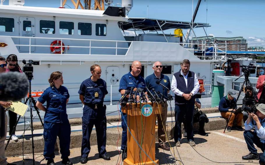 This screenshot shows a news conference on June 21, at which U.S. Coast Guard officials said that a Canadian P-3 aircraft detected noises in the ongoing search for the Titanic submersible.