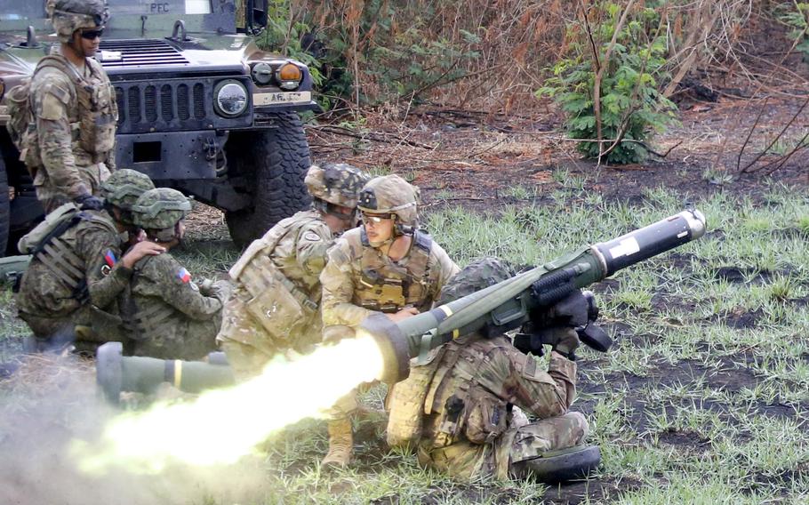 A U.S. Marine fires a Javelin anti-tank missile during a Balikatan drill at Fort Magsaysay, Philippines, Thursday, April 13, 2023. 