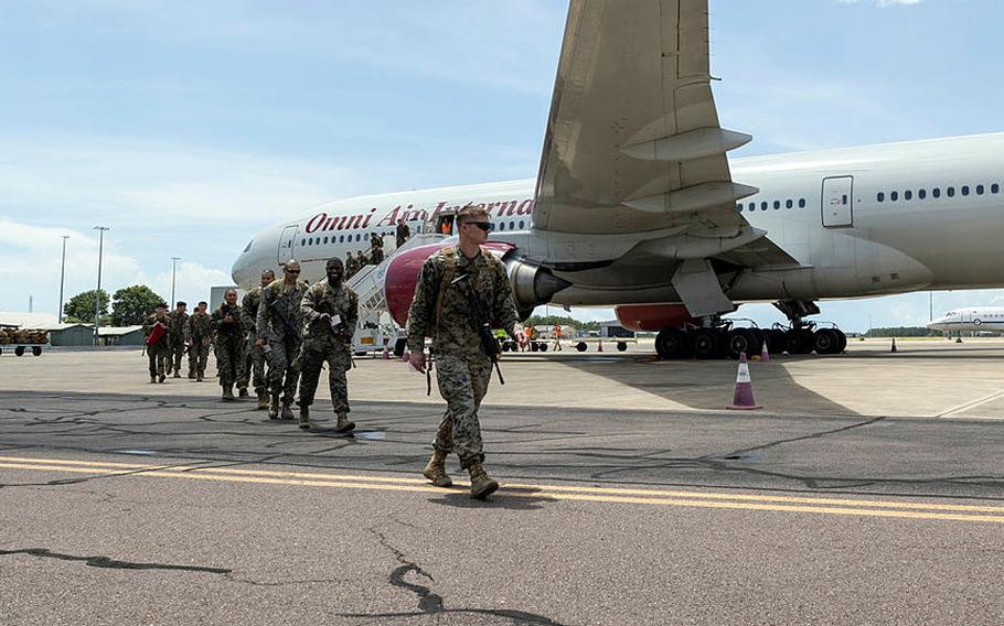 U.S. Marines arrive at RAAF Base Darwin in Australia's Northern Territory, March 16, 2023.