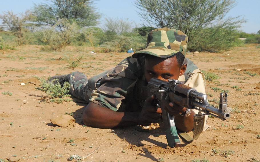 An Ethiopian soldier waits in ambush during training with U.S. military instructors at the Ethiopian Training Academy in Hurso.