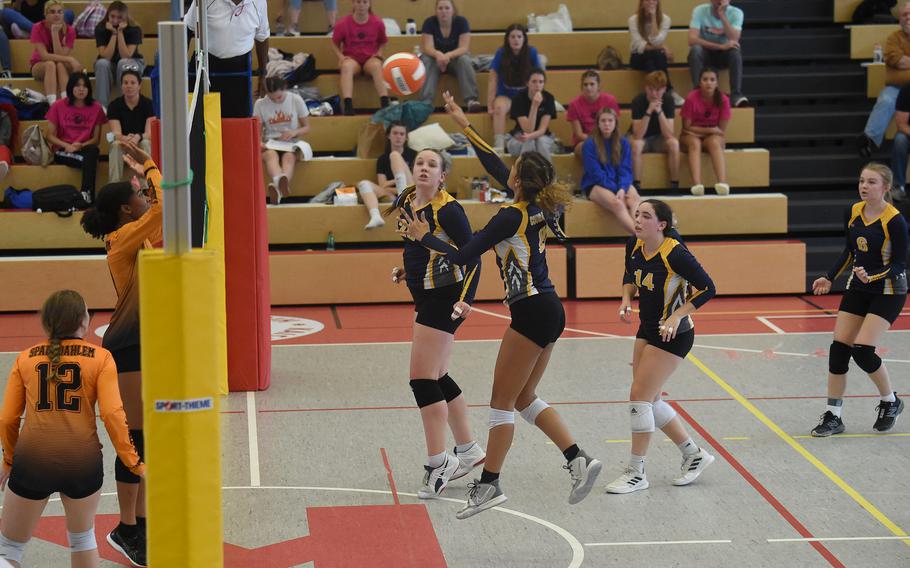 Ansbach’s Laila McIntyre launches the ball over the net in a semifinal match on Friday, Oct. 28, 2022.