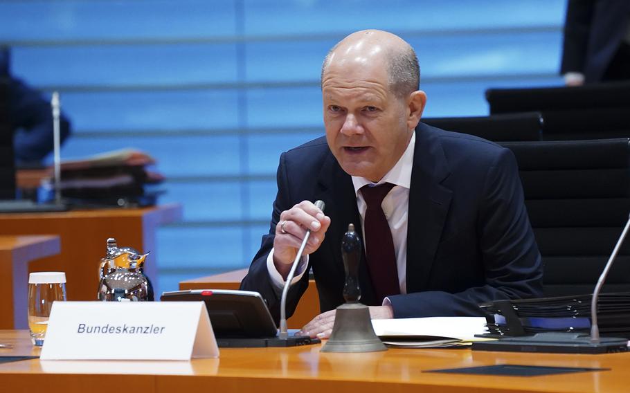 German Chancellor, Olaf Scholz attends a meeting at the Chancellery on April 27, 2022, in Berlin, Germany. 