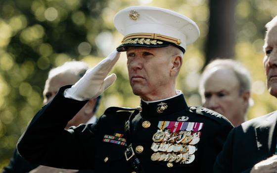 Gen. Eric M. Smith salutes during ceremonial colors at the 40th Beirut Memorial Observance Ceremony at Lejeune Memorial Gardens in Jacksonville, N.C., on Oct. 23, 2023.