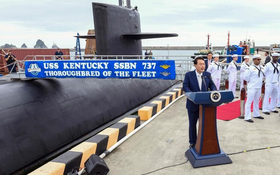 South Korean President Yoon Suk Yeol speaks during a visit to the ballistic missile submarine USS Kentucky at Naval Fleet Headquarters in Busan, South Korea, Wednesday, July 19, 2023.