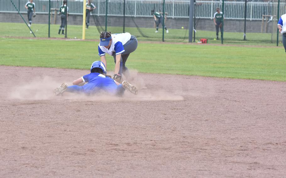 Ramstein's Madilyn Young made it safely to second after a wild pitch in the DODEA-Europe Division I softball championship game Saturday, May 20, 2023, at Kaiserslautern, Germany.