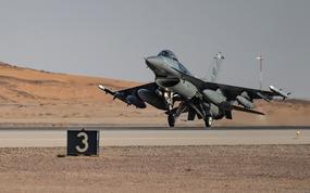 A U.S. Air Force F-16 Fighting Falcon from Aviano Air Base, Italy, lands in U.S. Central Command's area of responsibility, April 23, 2024.
