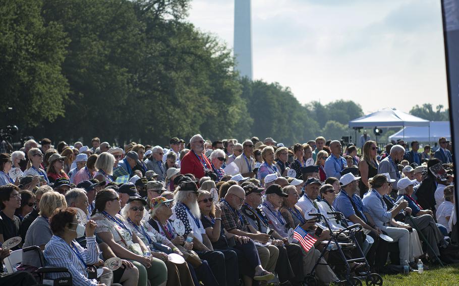 A sizable crowd takes part in a ceremony to dedicate the Wall of Remembrance addition to the Korean War Memorial on the National Mall in Washington, D.C. on Wednesday, July 27, 2022.