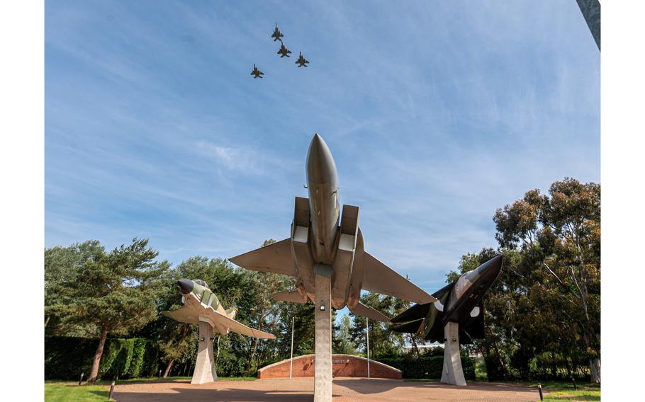 U.S. Air Force F-15C Eagles assigned to the 493rd Fighter Squadron fly a missing man formation over RAF Lakenheath, England, June 15, 2021, to mark the one-year anniversary of the death of 1st Lt. Kenneth “Kage” Allen, who was killed when his F-15C crashed into the North Sea. 