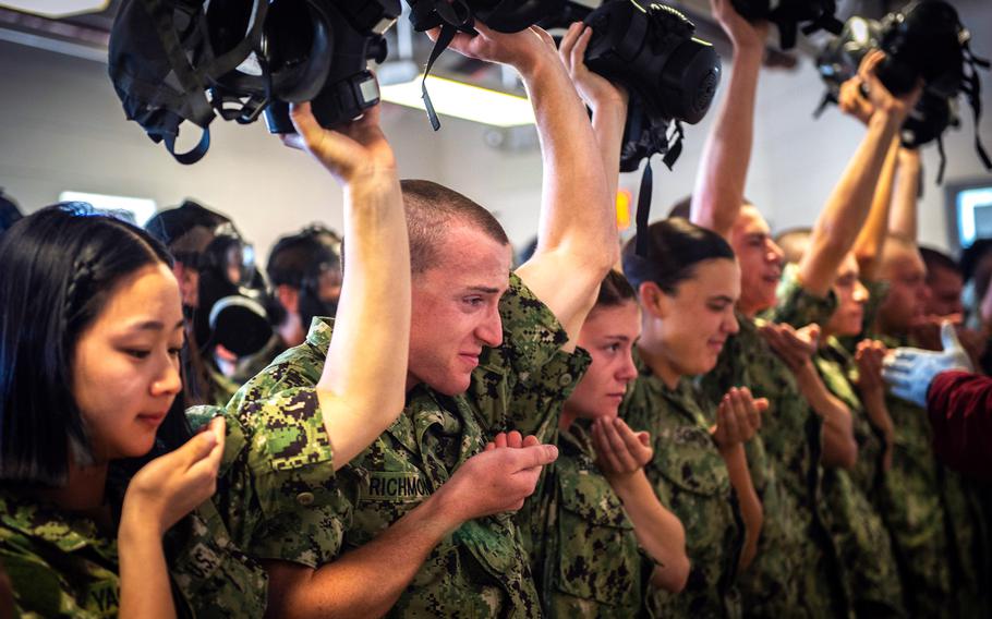 Incoming Navy ROTC cadets endure the confidence chamber at Recruit Training Command Great Lakes, Ill., in 2019. A recent Government Accountability Office report found that the pool of people participating in ROTC programs has become more diverse.