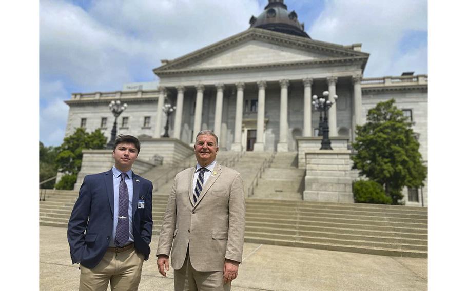 Elias Irizarry and state Rep. David O’Neal pictured outside the State House in Columbia, S.C., on April 6, 2023.