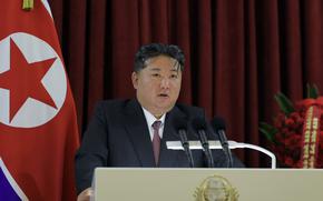 North Korean leader Kim Jong Un speaks at the Russian Embassy in Pyongyang, May 9, 2025.