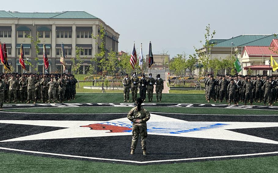 Soldiers carry out a change-of-command ceremony for the 2nd Infantry Division at Camp Humphreys, South Korea, Tuesday, May 16, 2023. 