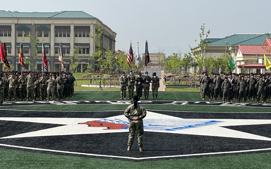 Soldiers carry out a change-of-command ceremony for the 2nd Infantry Division at Camp Humphreys, South Korea, May 16, 2023. 