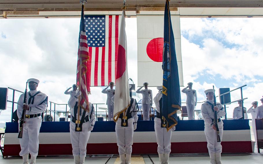 Colors are presented during a change-of-command ceremony for Naval Air Facility Atsugi, Japan, Thursday, Aug. 24, 2023.