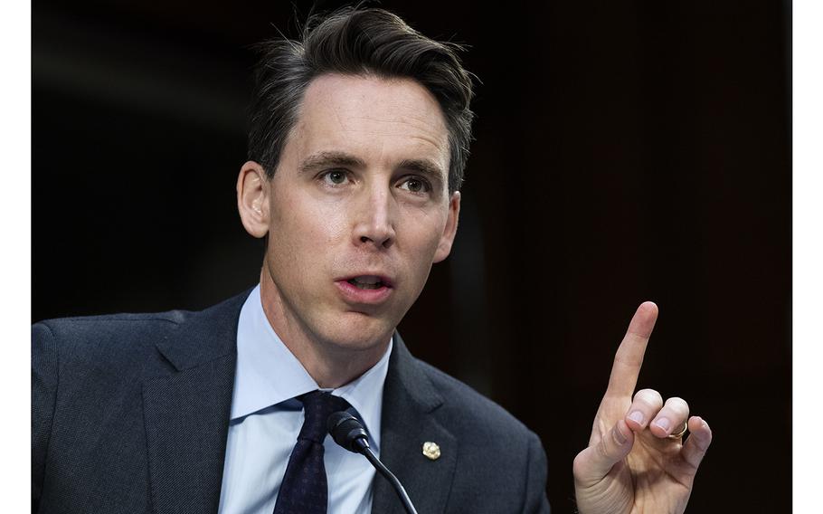 Sen. Josh Hawley, R-Mo., speaks during a Senate Judiciary Committee hearing on Capitol Hill in 2021. 