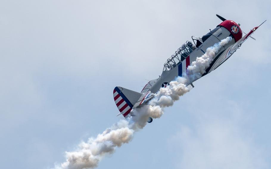 A P-51 Mustang aircraft performs an aerial maneuver during the Charleston Airshow at Joint Base Charleston, S.C., Saturday, April 20, 2024. 